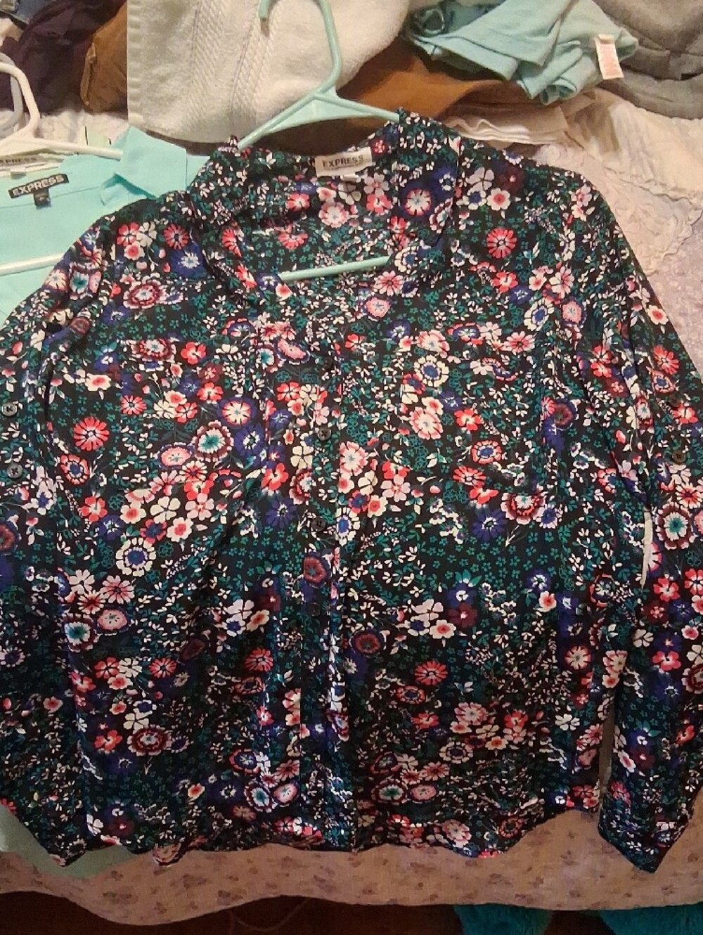 Express Floral Portofino Button-Down Shirt in Navy with Pink & Teal Flowers - Picture 2 of 3